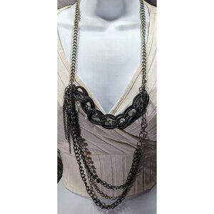 Glam Goth Black And Silver Tone Abstract Chain Necklace With Rhinestone Accents